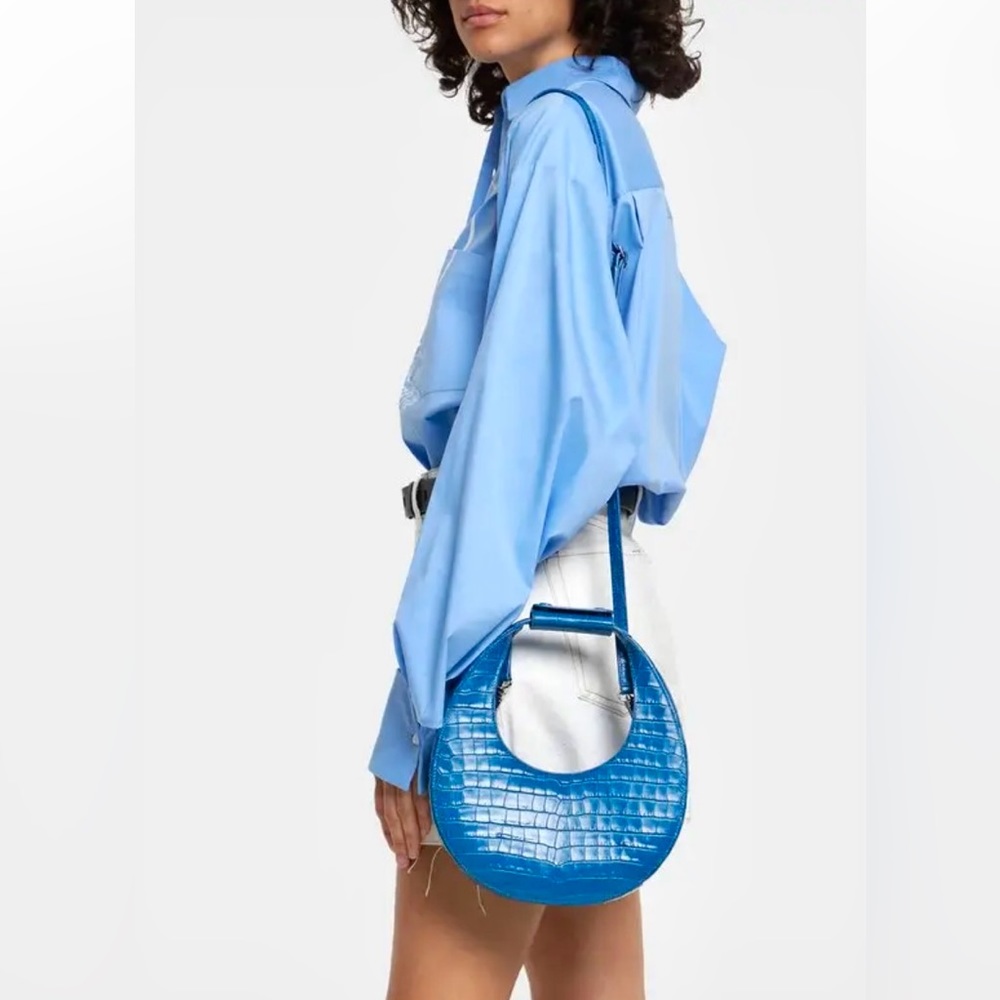 🌺🎉2XHP🎉🌺 NWT Staud Mini Moon Crocodile Embossed Bag Island Blue - Picture 11 of 16